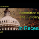 A crudely edited graphic announces a recess in the antitrust committee hearing